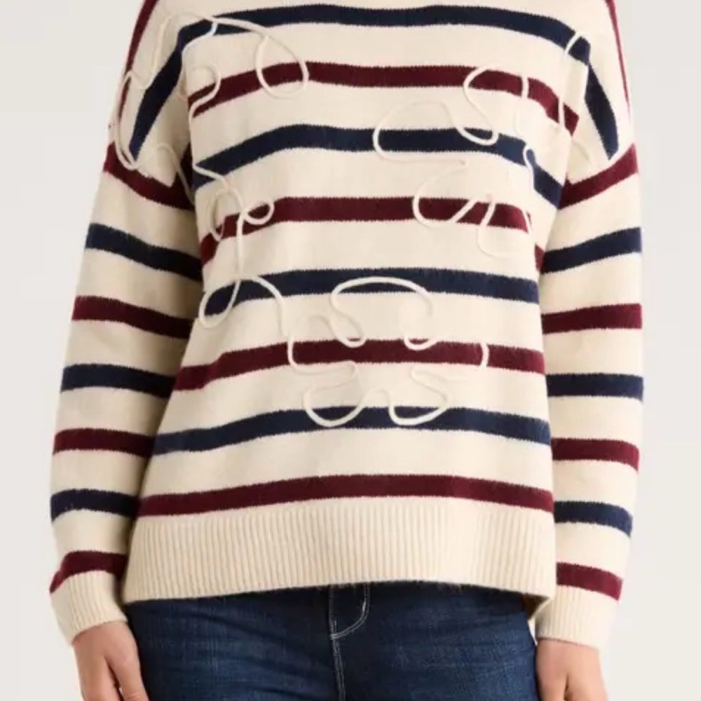 Parker NWT Striped Applique Sweater Cream Burgundy Navy Women’s L